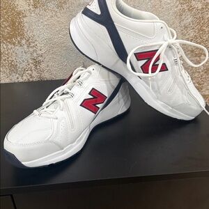 New Balance White Sneakers with Red and Black Accents